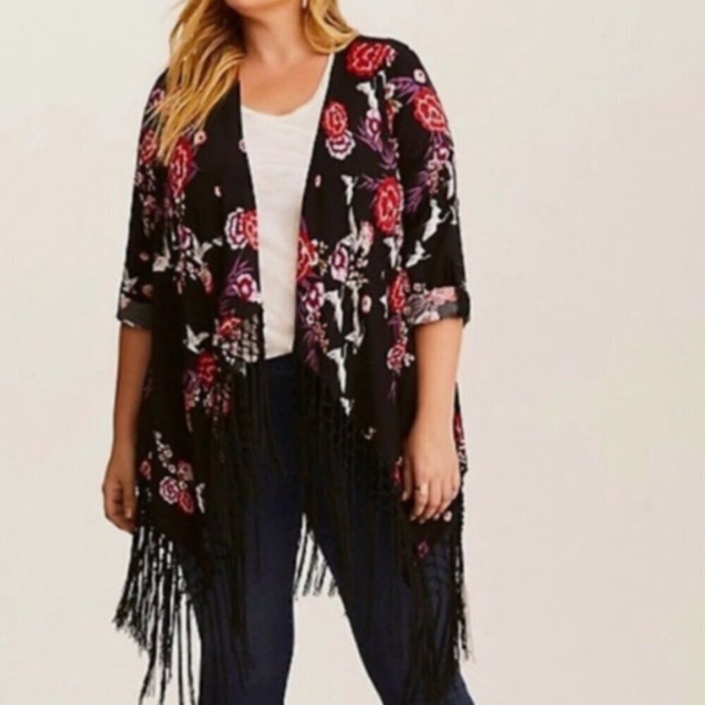 Torrid Size 1X Black Floral Print‎ Crepe Fringe Open Front Kimono Duster
